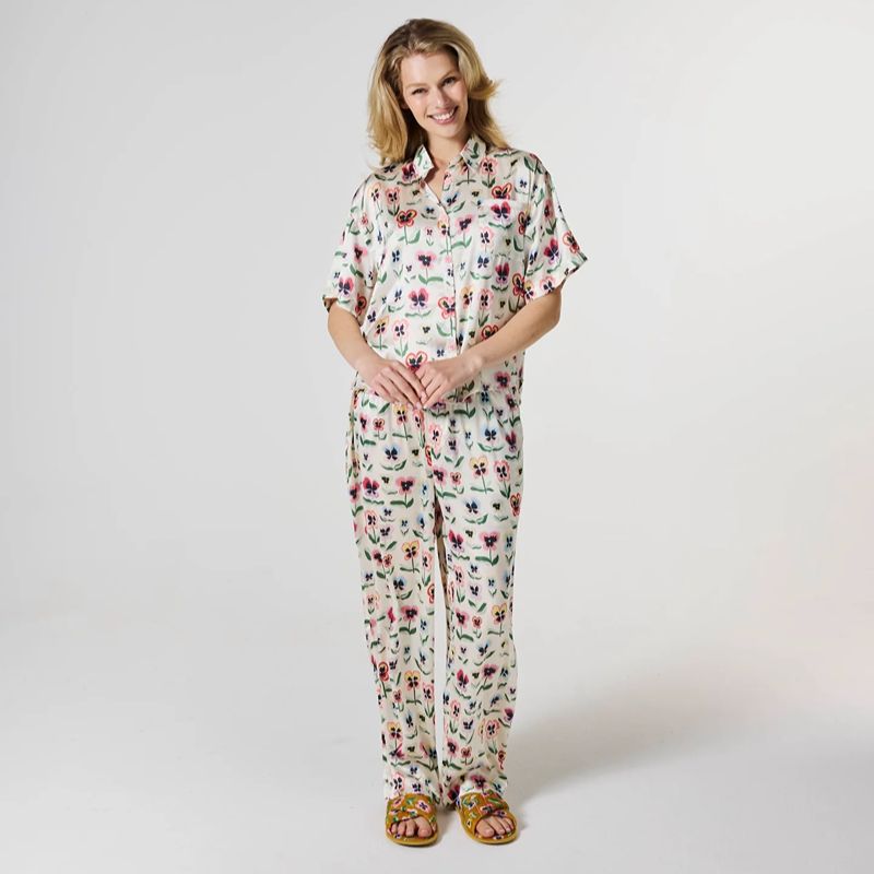 Pretty Pansy Satin Pyjamas Short Sleeve + Pants
