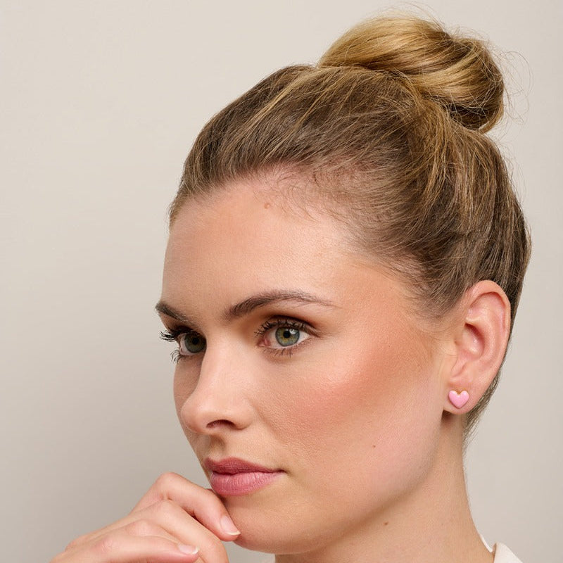 Enamel Pink Love Heart Stud Earrings