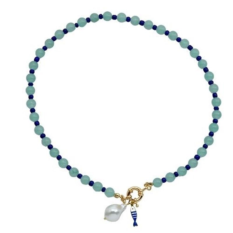 Blue Fish + Mother Pearl Gemstone Necklace