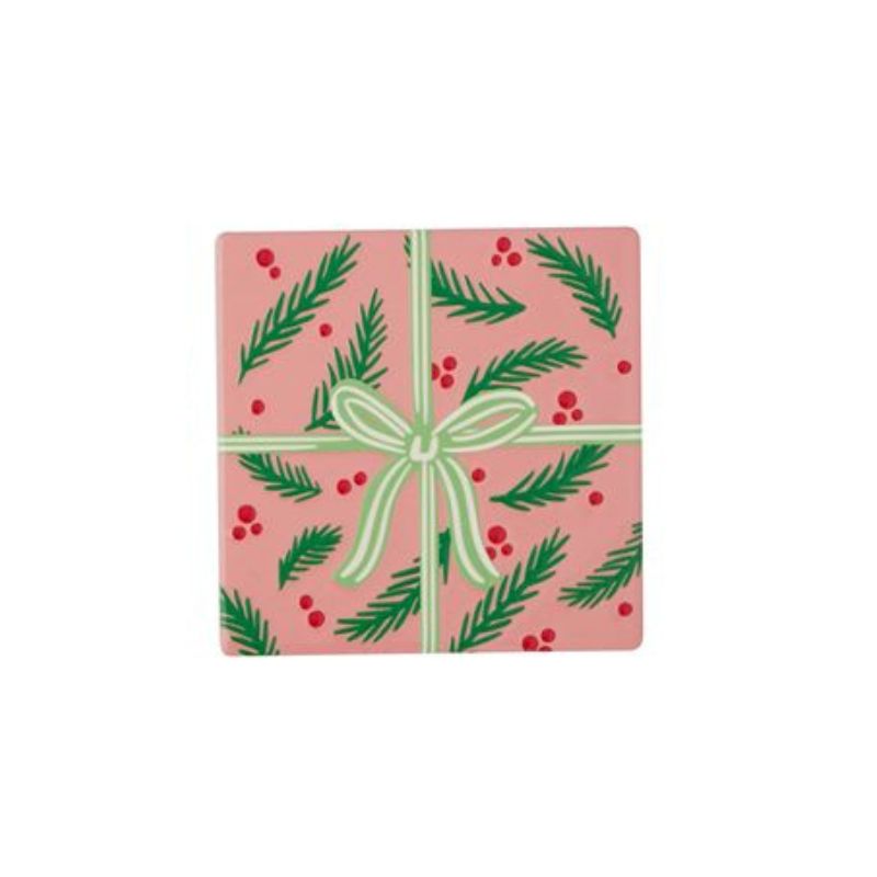 Holly Jolly Ceramic Coaster Green Bow