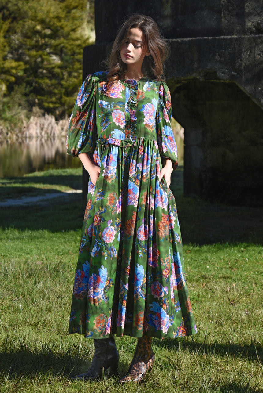 Floral Flair Dress Brush Strokes Green