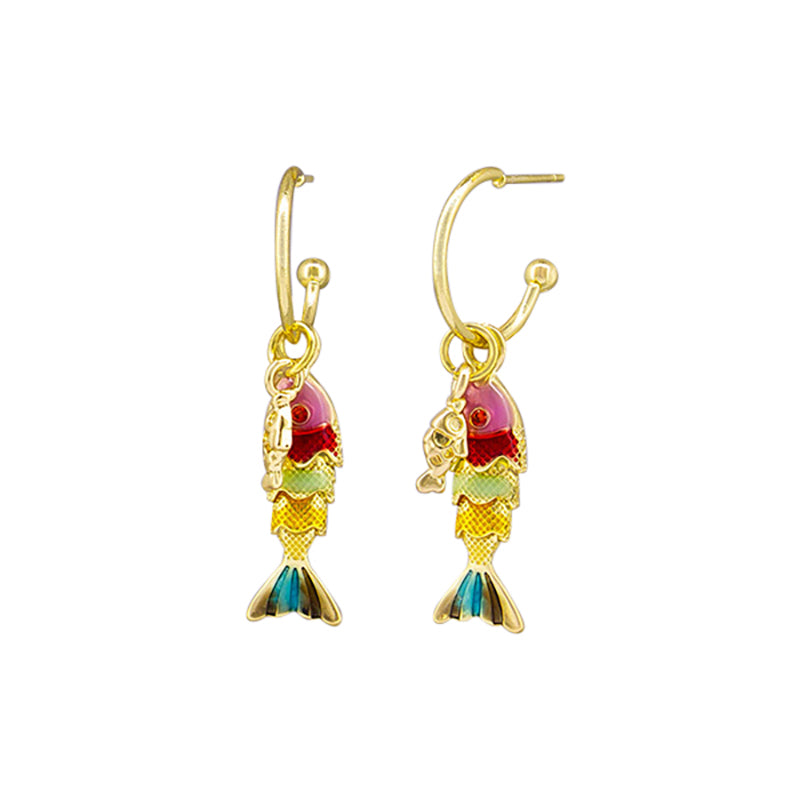 Red Happy Fish Huggie Earrings