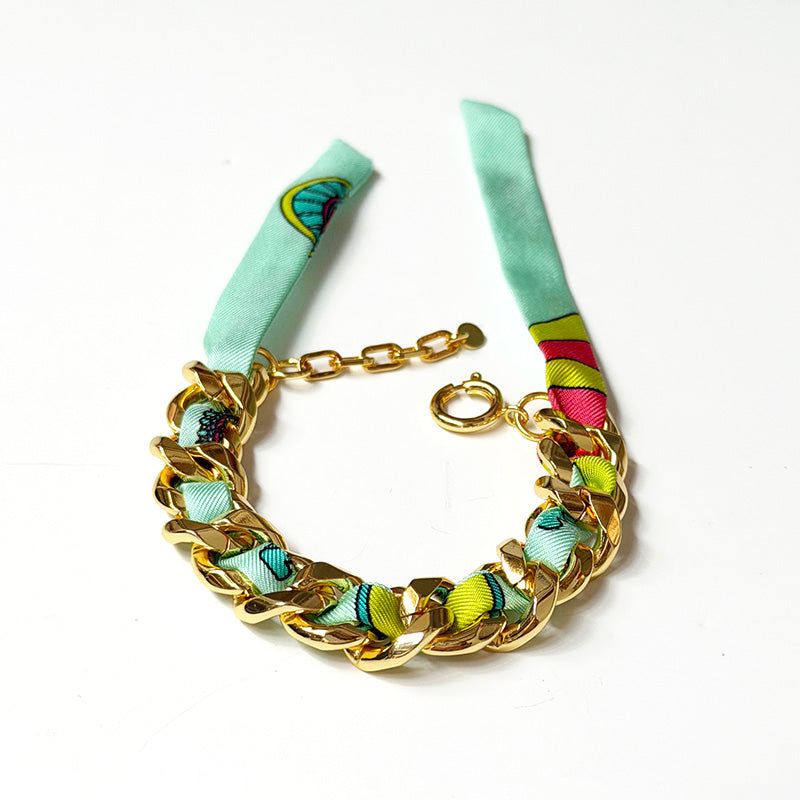 Decembre Gold Bracelet with 1cm Lucky You Sea Green Silk Twill