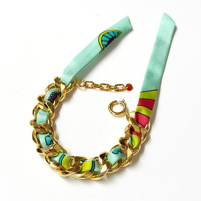 Decembre Gold Bracelet with 1cm Lucky You Sea Green Silk Twill