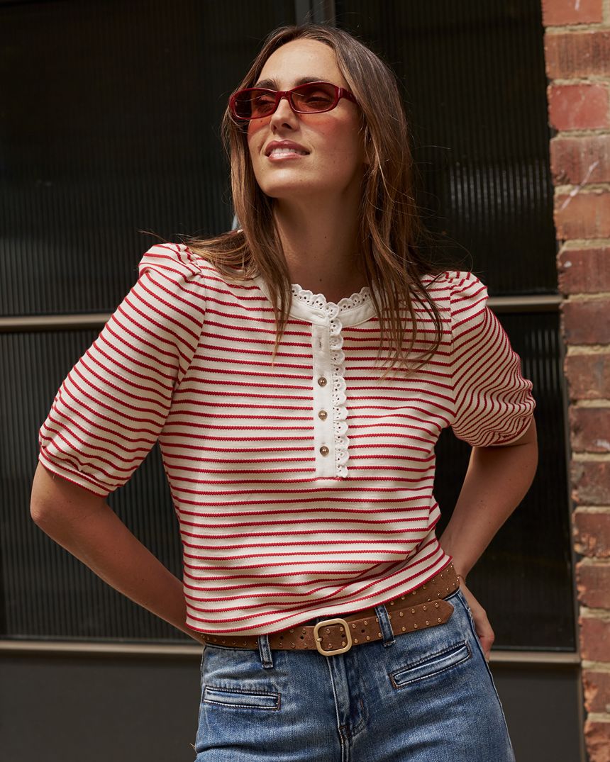 Jacqueline Top White with Red Stripe
