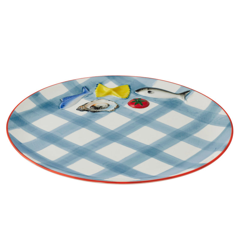 Deli Round Ceramic Platter Blue Check