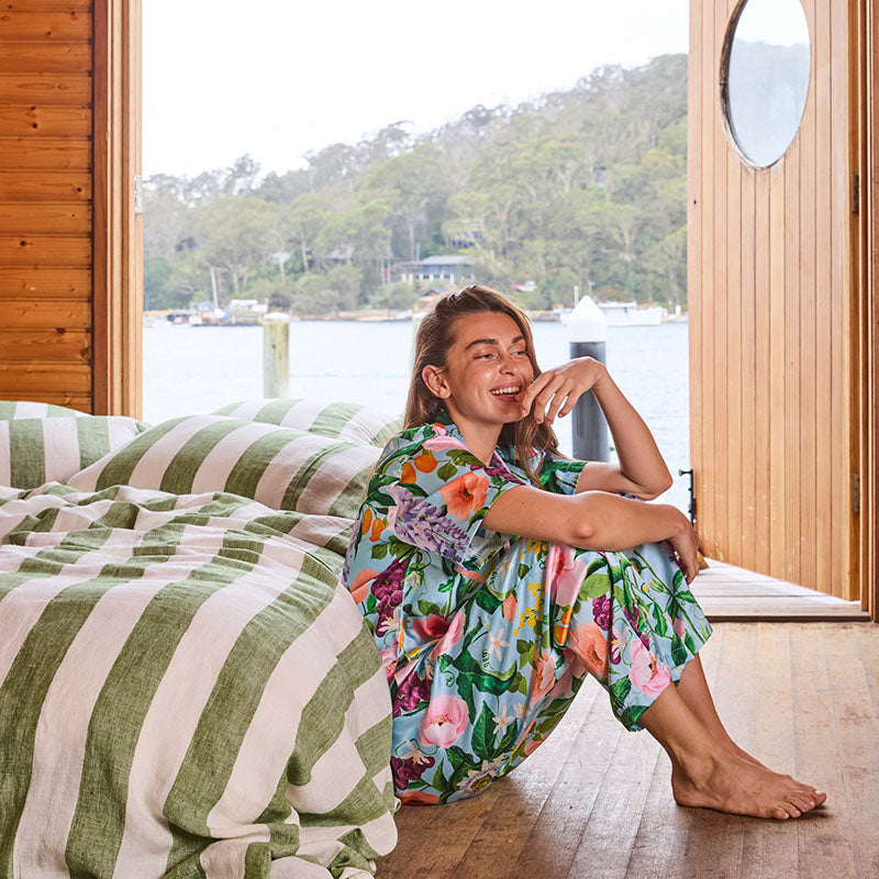 Moss Stripe Linen Flat Sheet