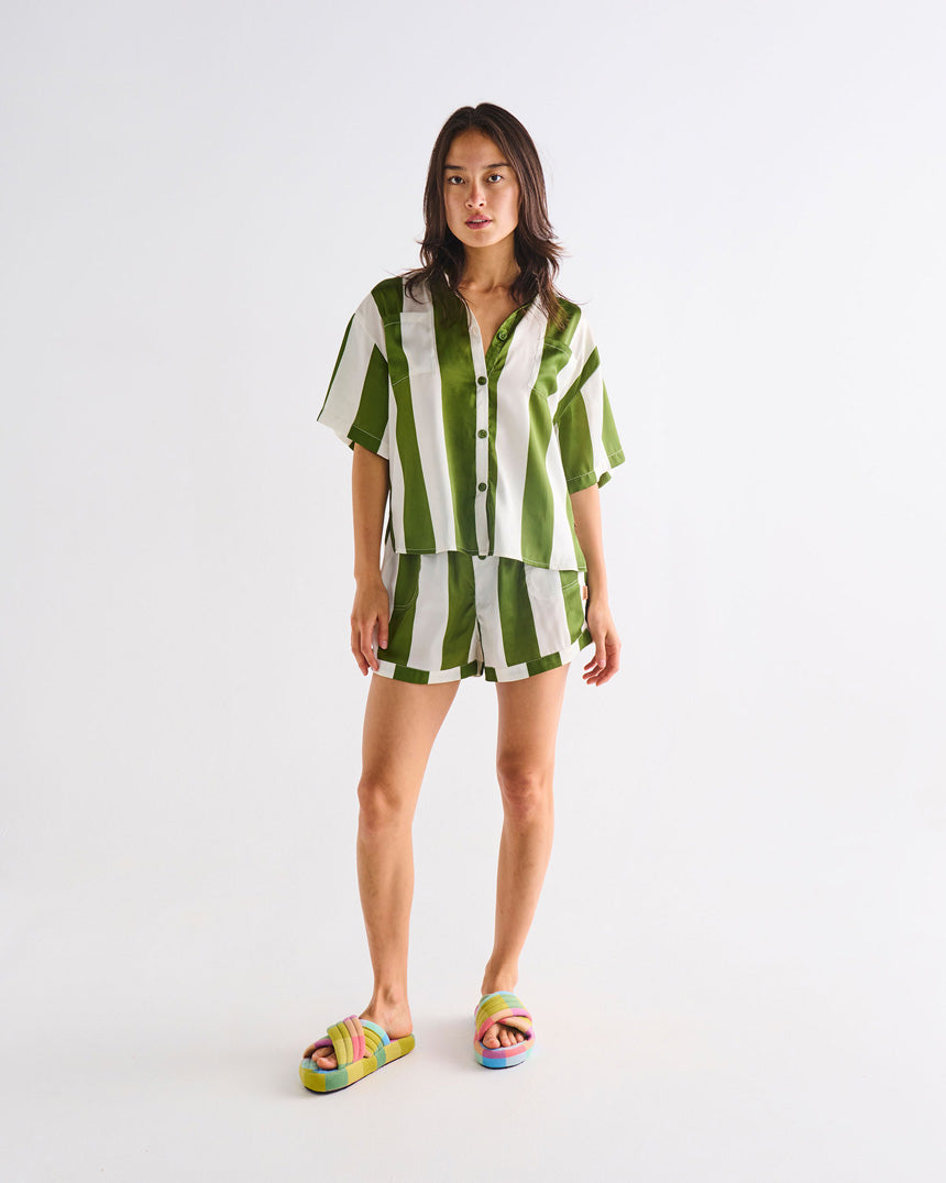 Moss Stripe Satin Short Sleeve & Shorts Pyjamas