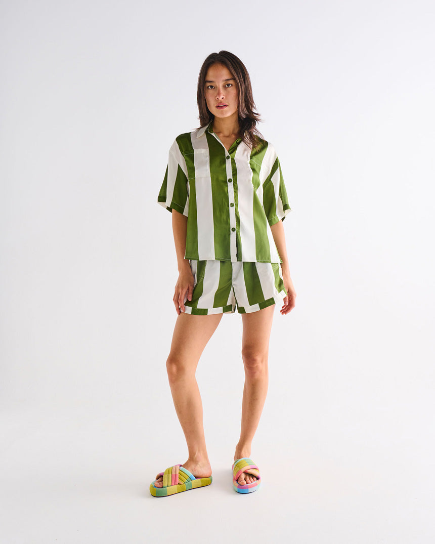 Moss Stripe Satin Short Sleeve & Shorts Pyjamas