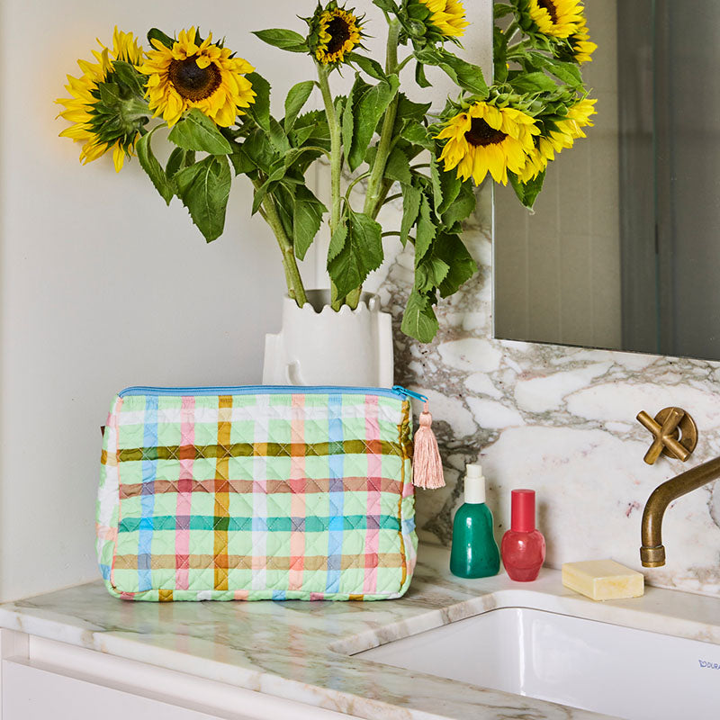 Candy Check Mint Quilted Cotton Toiletry Purse