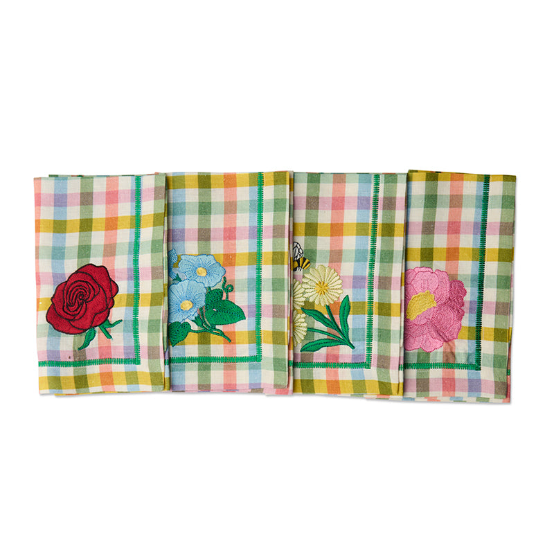 Sweet Flowers Tartan Embroidered Napkin Set of 4