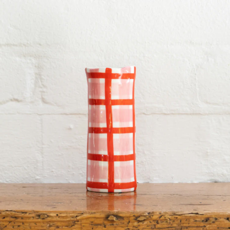 Pink and Red Gingham Small Vase