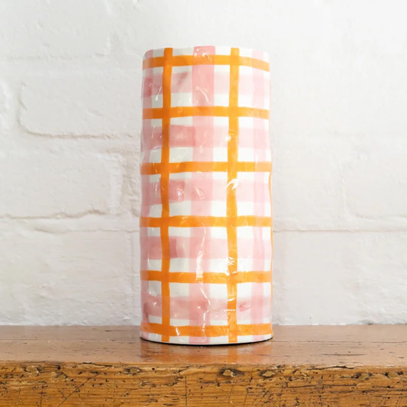 Pink and Orange Gingham Large Vase