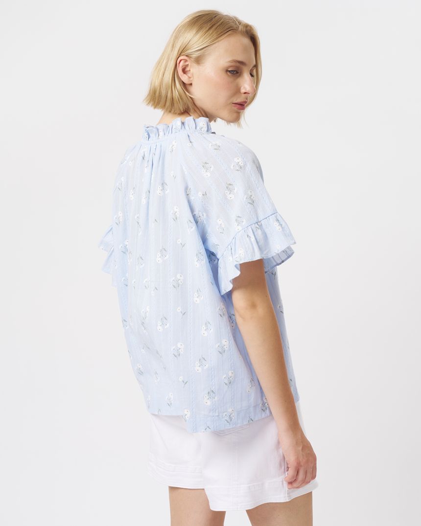 Patricia Shirt Powder Blue/White & Green Flower
