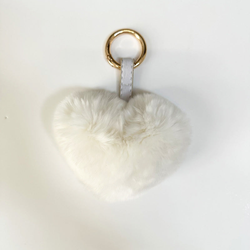 Heart Shaped Fur Bag Charm Key Ring White