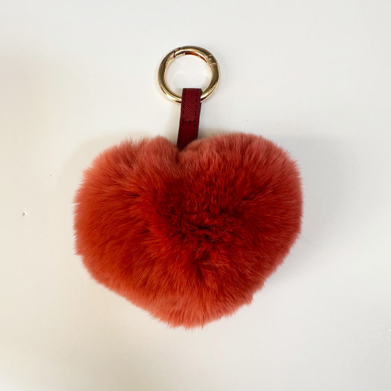 Heart Shaped Fur Bag Charm Key Ring Red Brick
