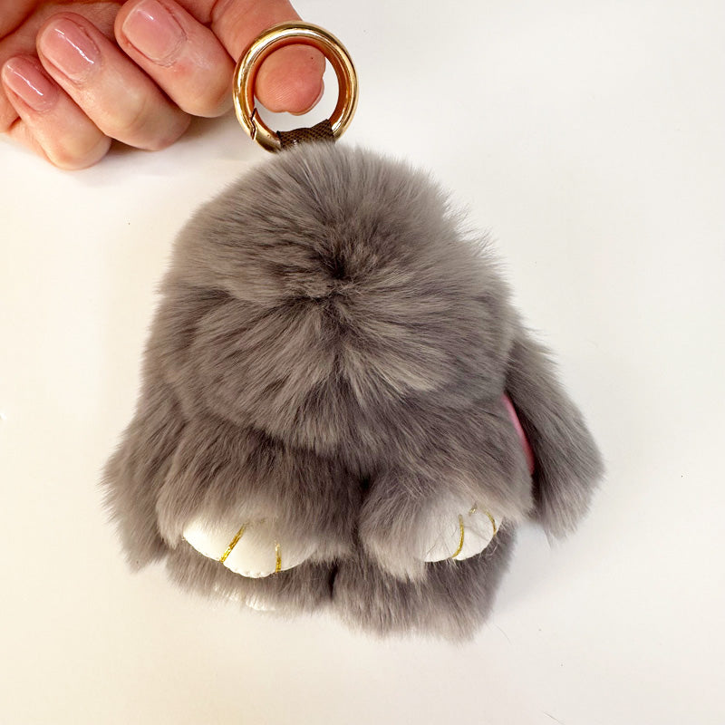 Mini Rabbit Fur Bag Charm Key Ring Dark Grey