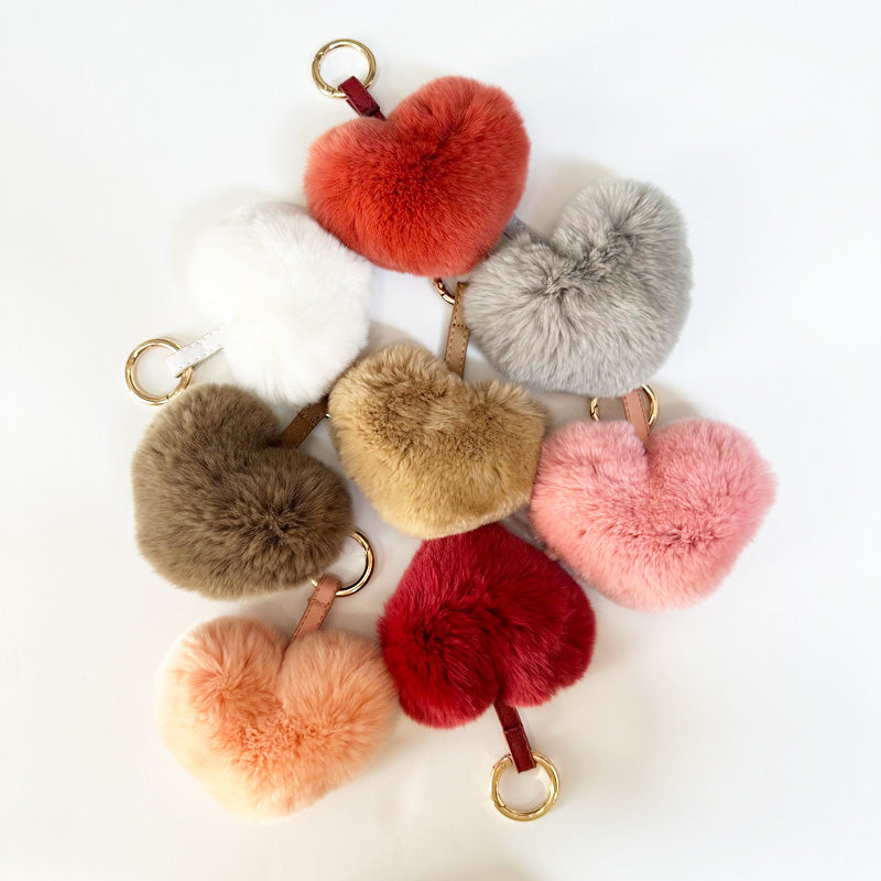Heart Shaped Fur Bag Charm Key Ring Grey