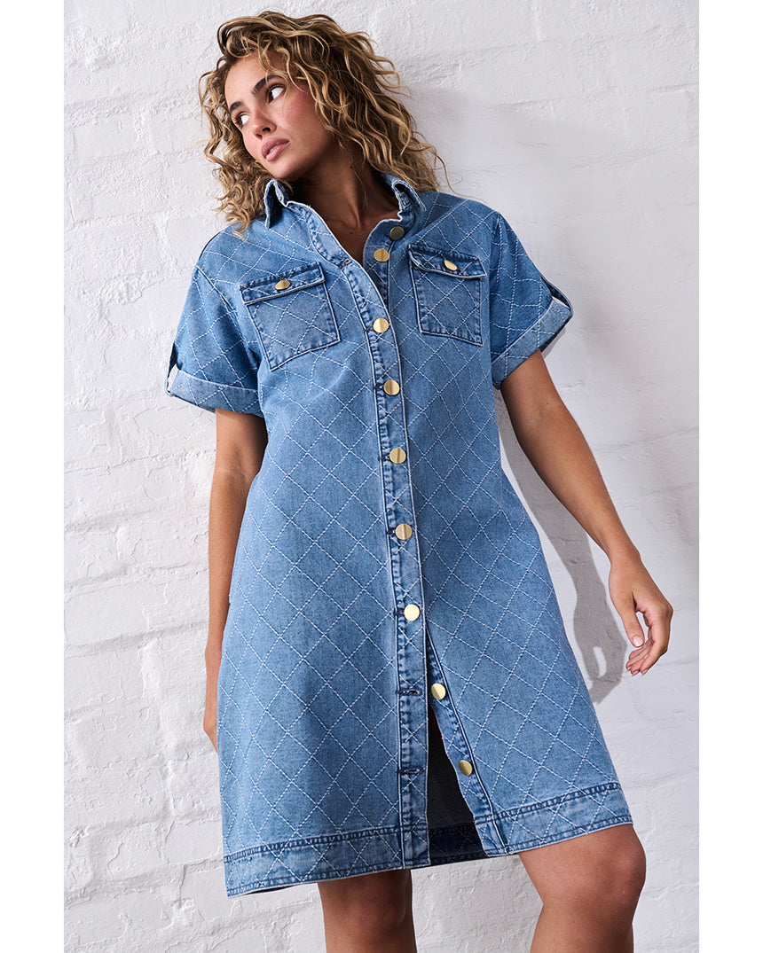 Simone Dress Check Stitch 70's Blue