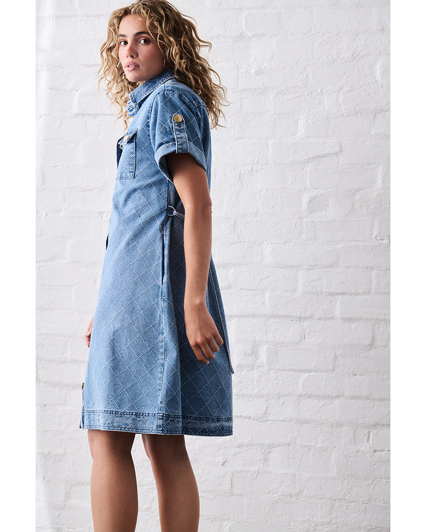 Simone Dress Check Stitch 70's Blue