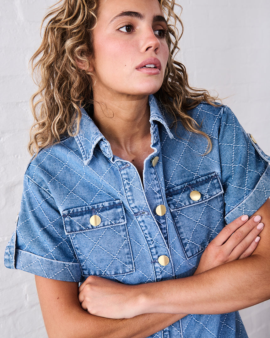 Simone Dress Check Stitch 70's Blue