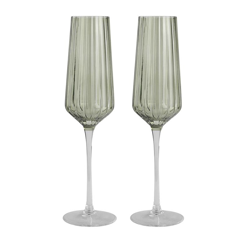 Green Ribbed Champagne Flute Set of 2