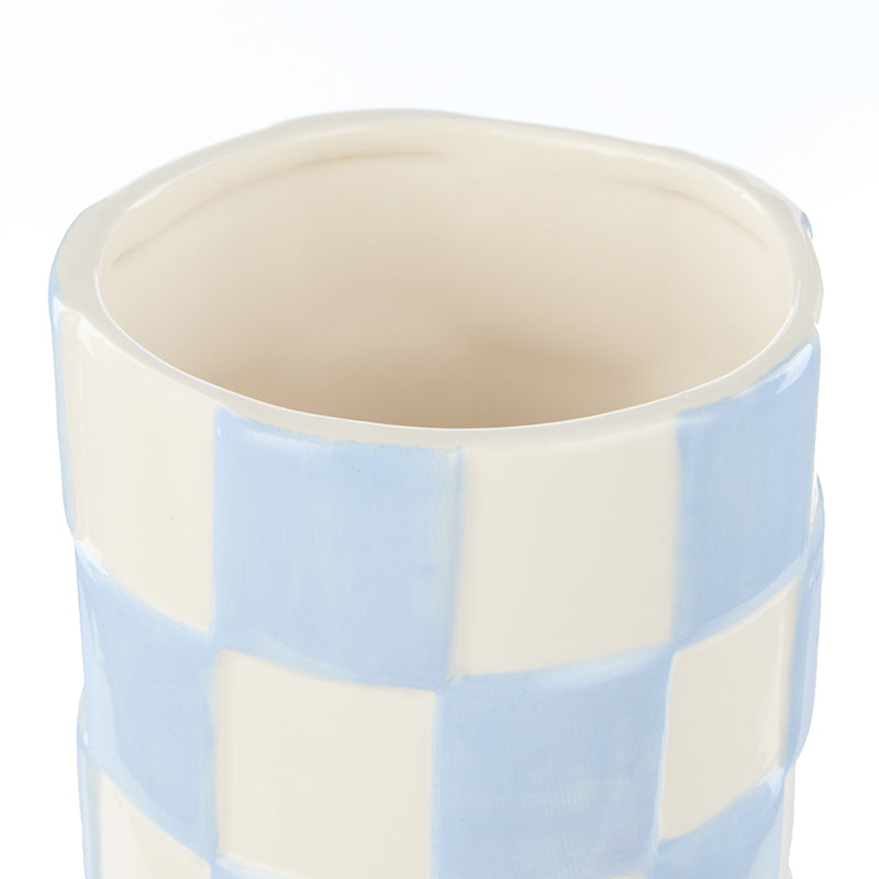 Lulu Ceramic Check Round Vase Light Blue