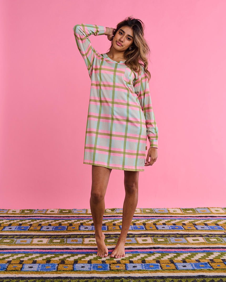 Find Pistachio Tartan Cotton Long Sleeve Nightie - Kip & Co at Bungalow Trading Co.
