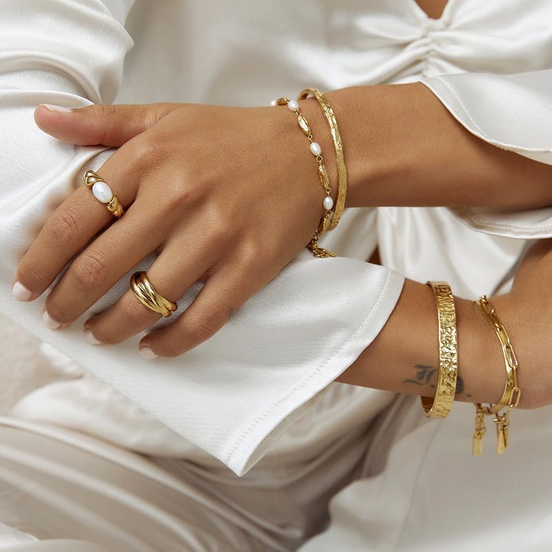Find Riviera Gold and Pearl Ring - Arms of Eve at Bungalow Trading Co.