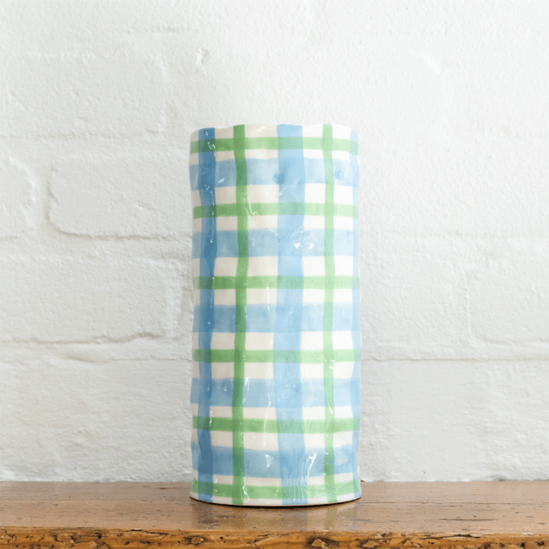 Find Cornflower and Mint Gingham Vase Large - Noss at Bungalow Trading Co.