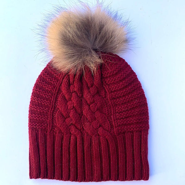 Find Up For Anything Beanie Fur Pom Pom Burgundy - Love Kate at Bungalow Trading Co.