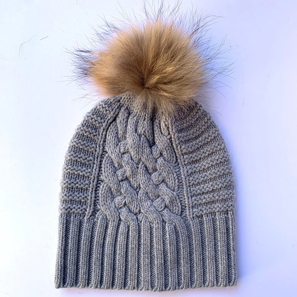 Find Up For Anything Beanie Fur Pom Pom Dove Grey - Love Kate at Bungalow Trading Co.