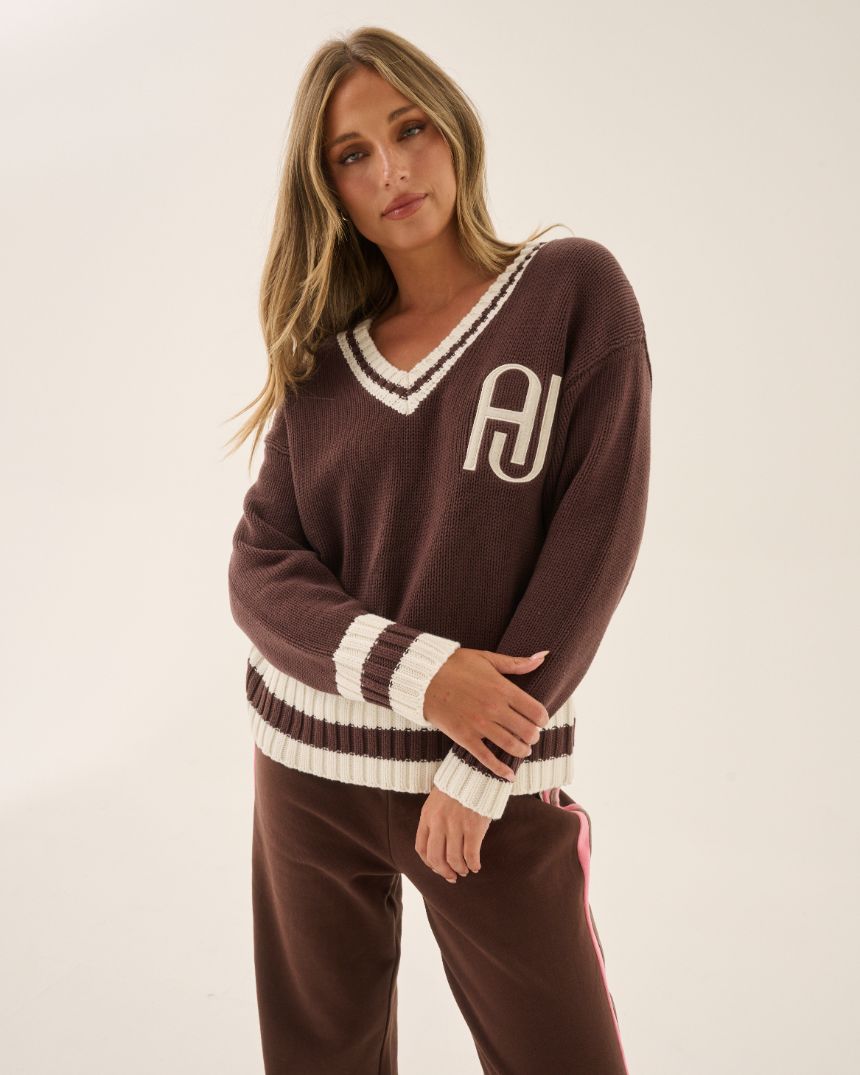 AJ V Neck Knit Sweater Chicory Coffee