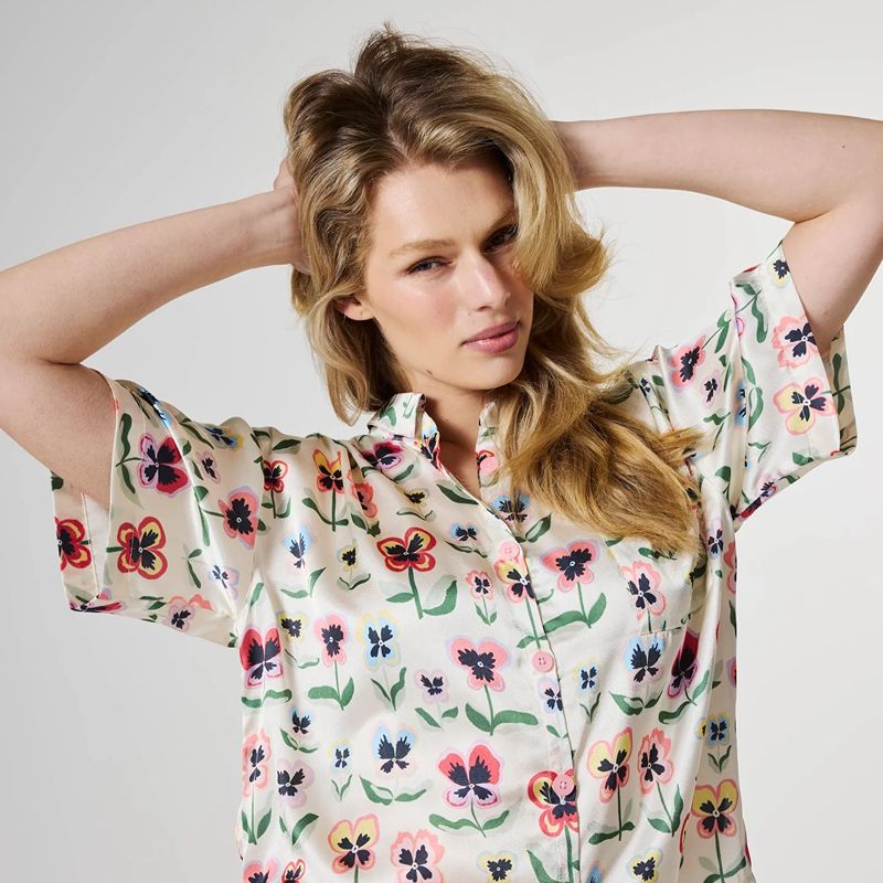 Pretty Pansy Satin Pyjamas Short Sleeve + Pants