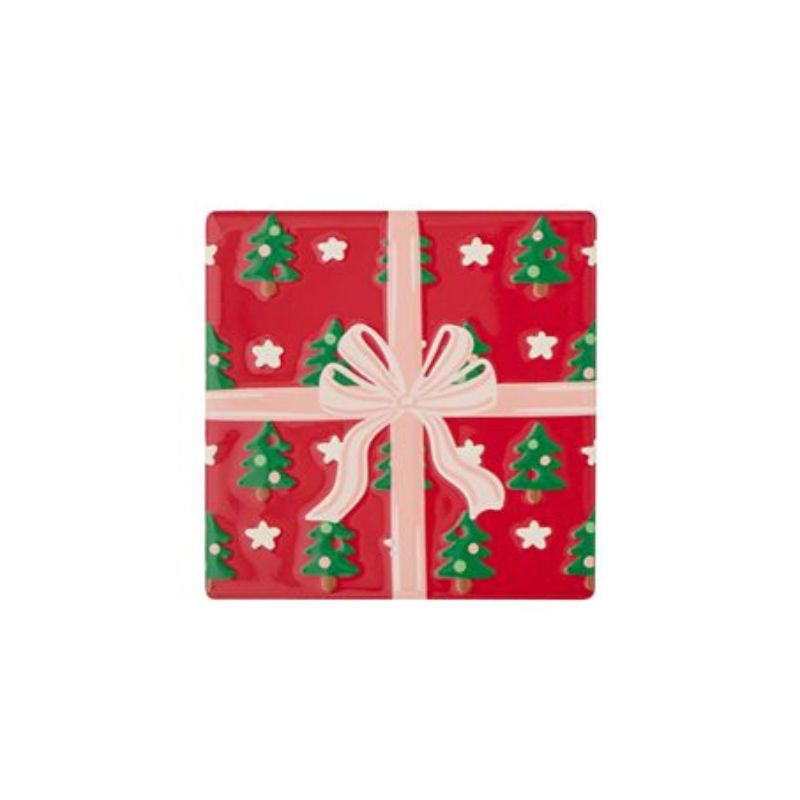 Holly Jolly Ceramic Coaster Pink Bow