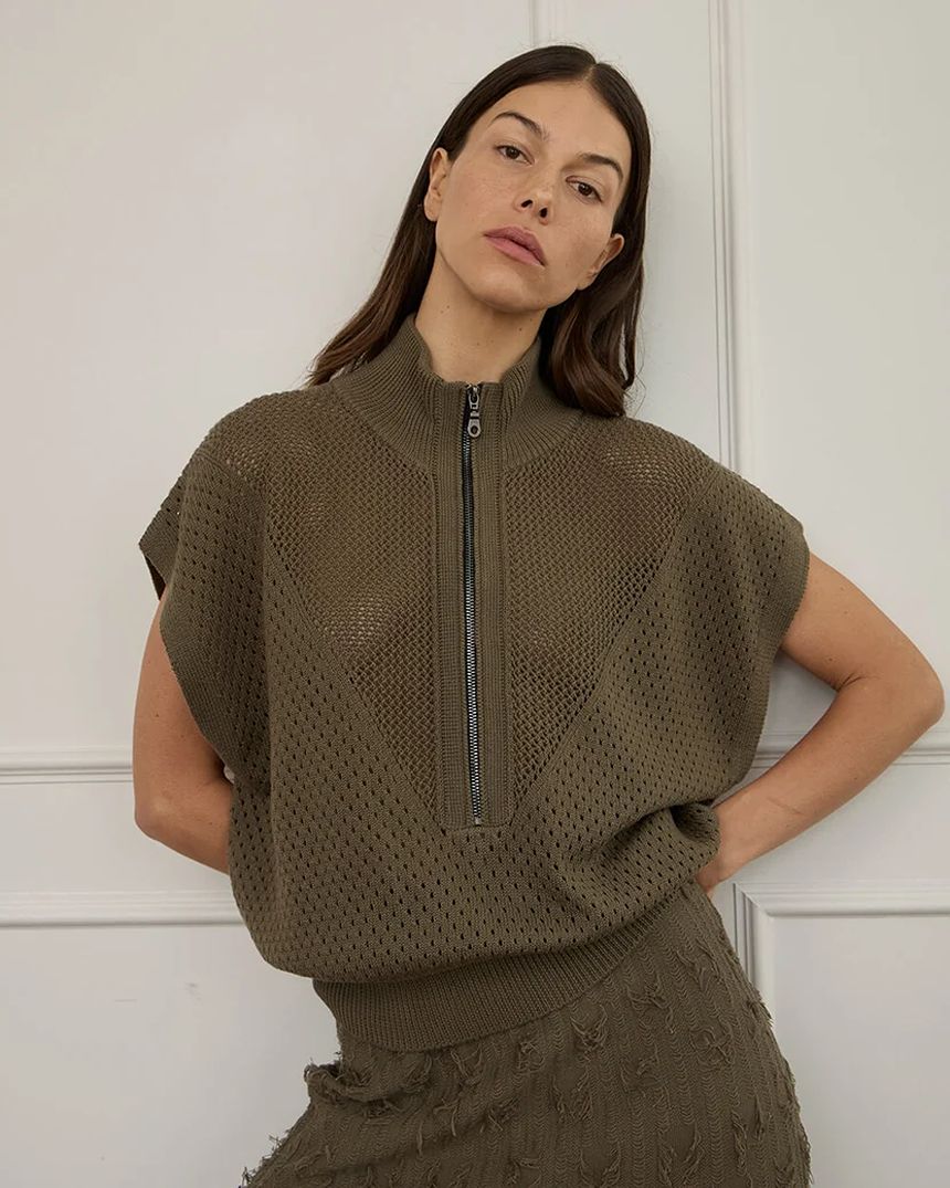 Carrie Zip Top Khaki