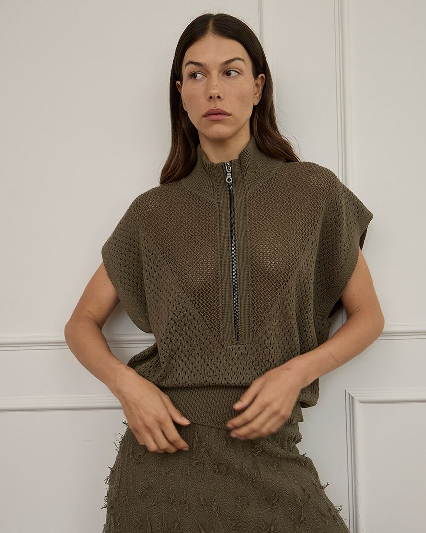 Carrie Zip Top Khaki