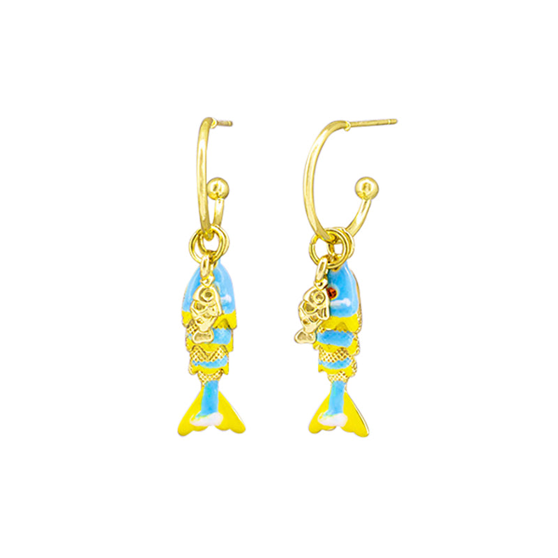 Blue Happy Fish Huggie Earrings