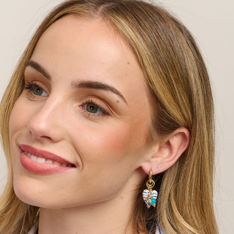 Blue Stripe Heart Charm Earrings
