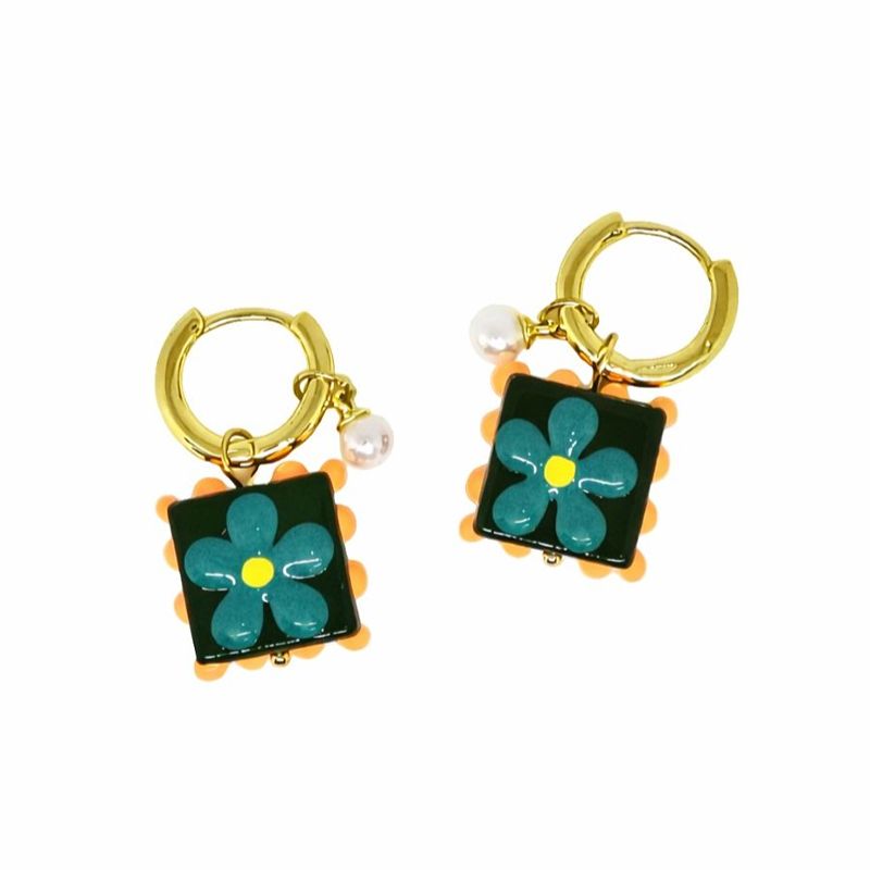 Green Painted Flower Tile Earrings