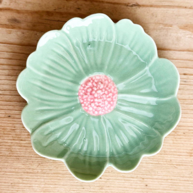 Flower Trinket Dish Green with Pink