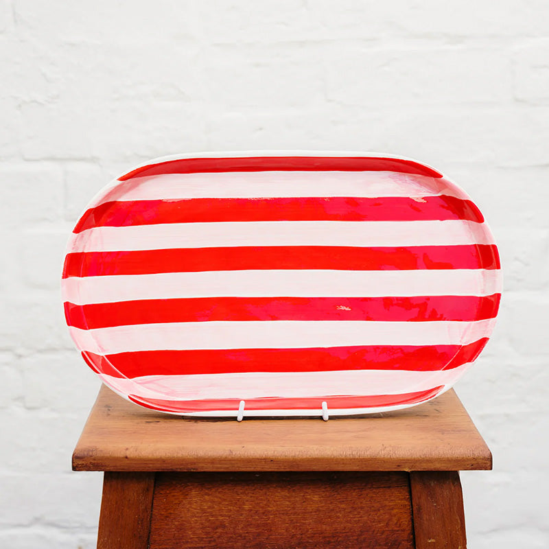 Oval Platter Pink and Red Stripe