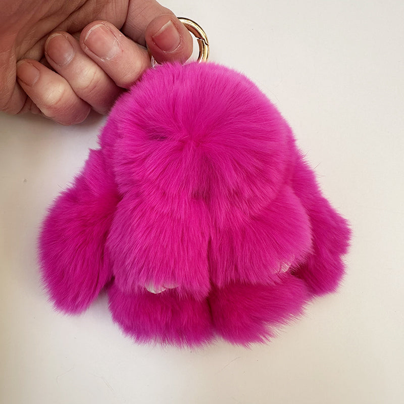 Mini Rabbit Fur Bag Charm Key Ring Hot Pink