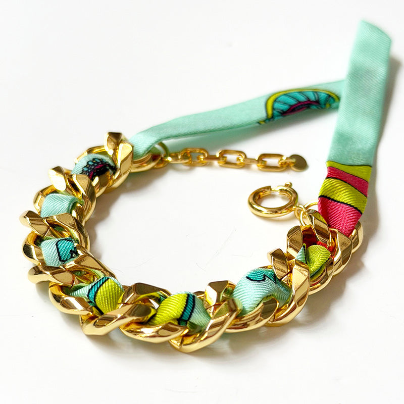 Decembre Gold Bracelet with 1cm Lucky You Sea Green Silk Twill