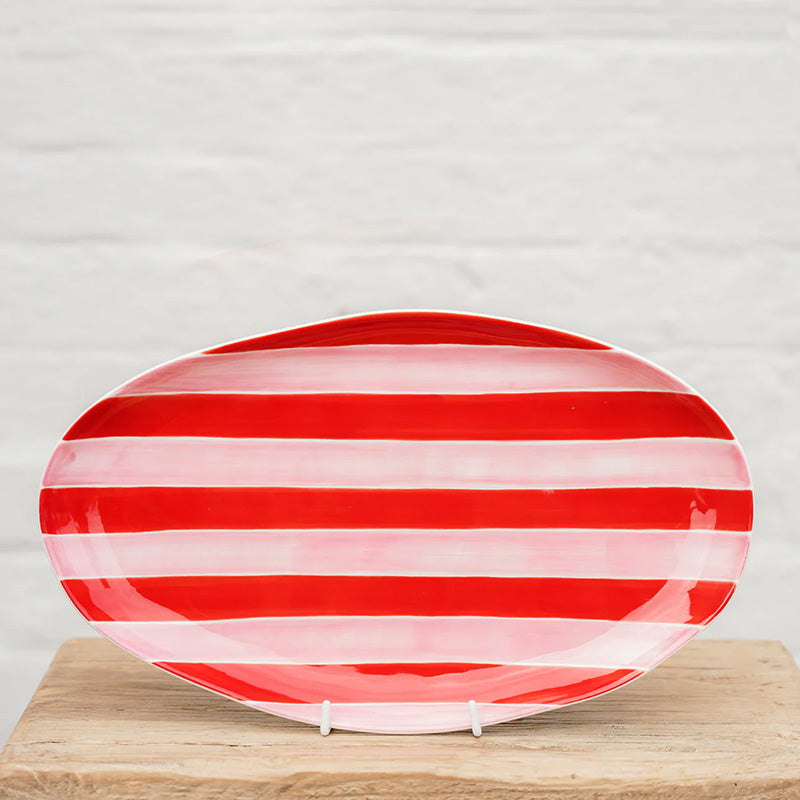 Small Oval Platter Pink and Red Stripe
