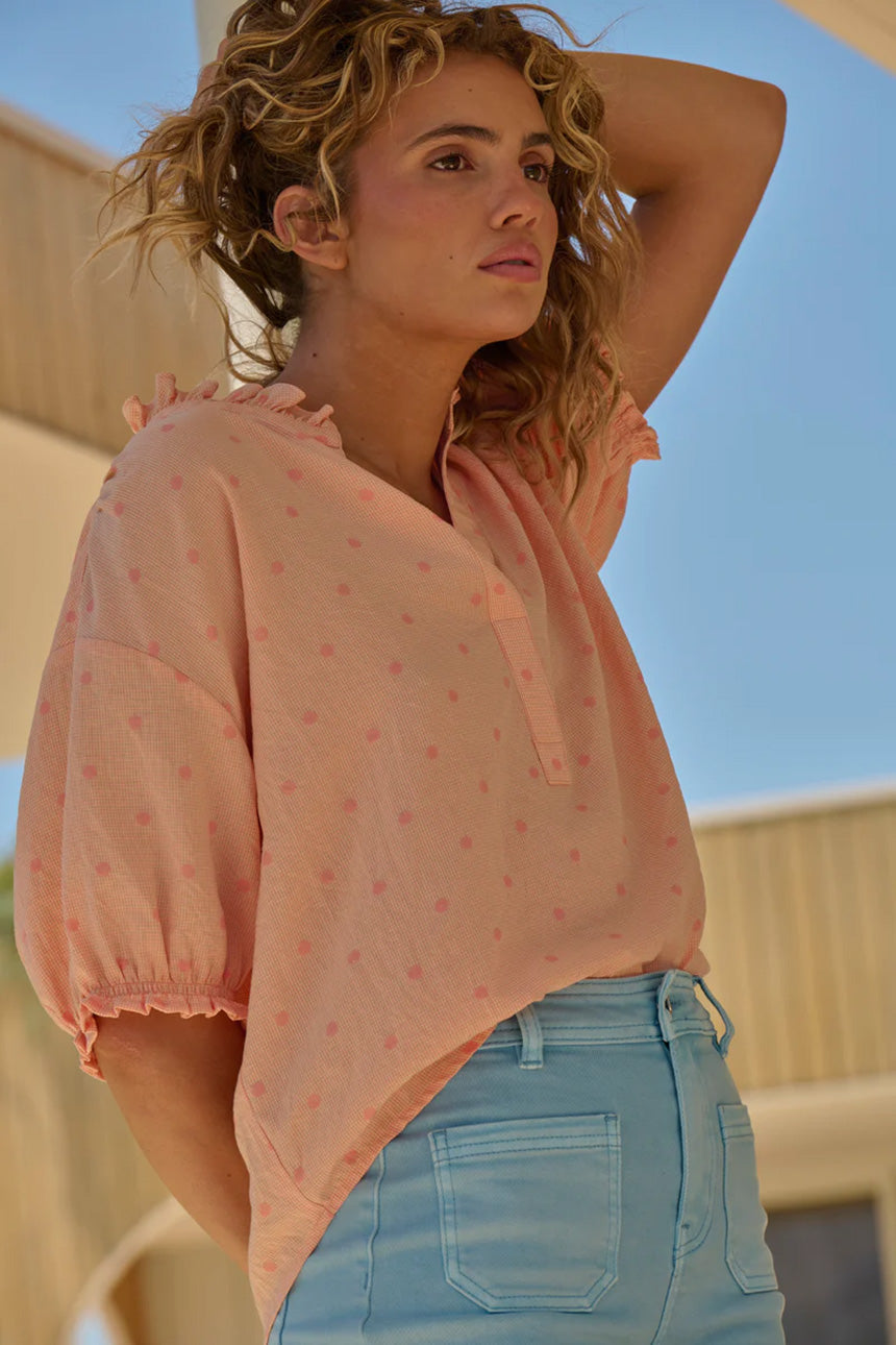 Sara Shirt Peach with Pink Dots