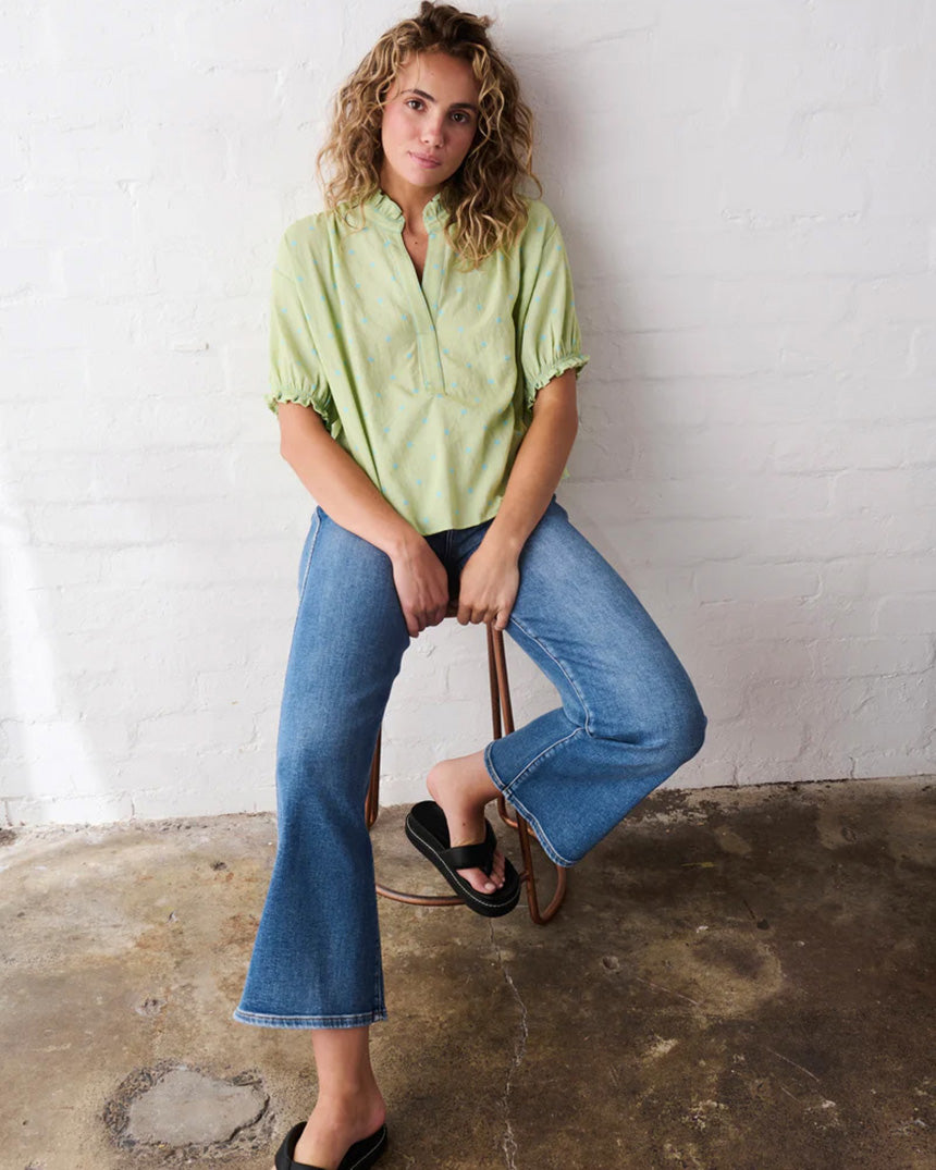Sara Shirt Green with Blue Dots