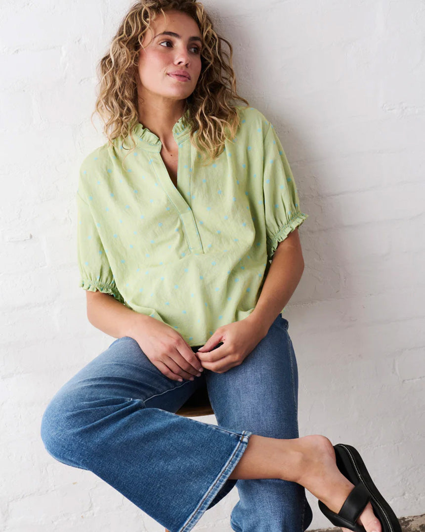 Sara Shirt Green with Blue Dots