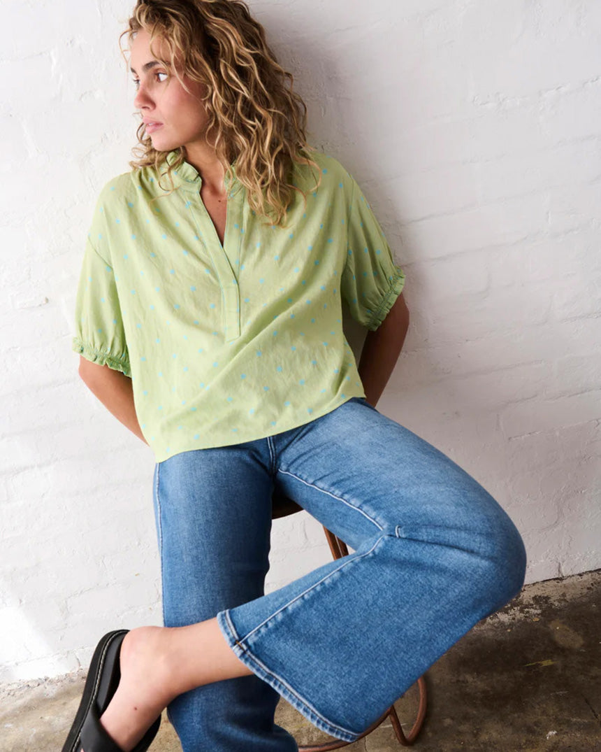 Sara Shirt Green with Blue Dots