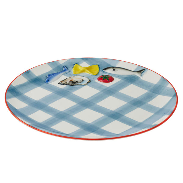 Deli Round Ceramic Platter Blue Check